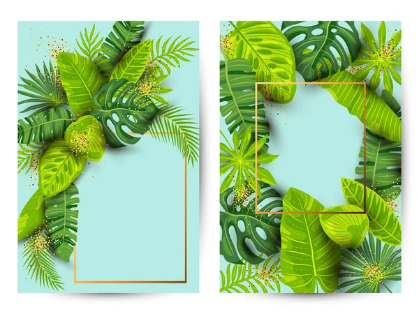 Zöld Nyári Trópusi Háttér Szett Egzotikus Levelekkel Hely Szöveghez Poszter — Stock Vector