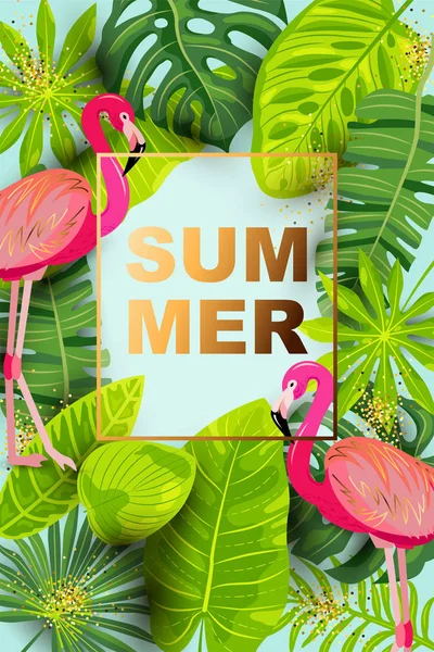 Roze Flamingo Exotische Palm Bladeren Zomer Achtergrond Vector Illustratie Plaats — Stockvector