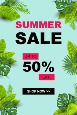 Tropik yaprakları ile Yaz satış afiş. Metin için yer. Poster, web, davetiye, el ilanı şablonu. Vektör çizimi.