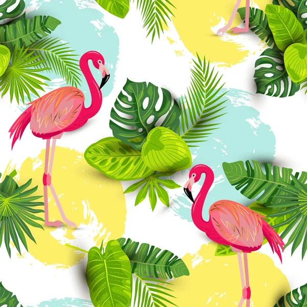 Tropikal Egzotik Yaprakları Pembe Flamingolar Ile Dikişsiz Desen Vektör Çizimi — Stok Vektör