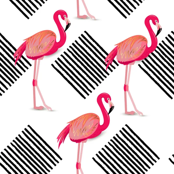 Naadloos Patroon Met Gestreepte Vierkantjes Roze Flamingo Vector Illustratie — Stockvector