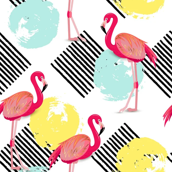 Naadloos Patroon Met Hand Getekende Cirkels Gestreepte Pleinen Roze Flamingo — Stockvector