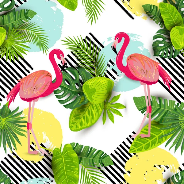 Padrão Sem Costura Com Folhas Exóticas Tropicais Flamingos Rosa Ilustração —  Vetores de Stock