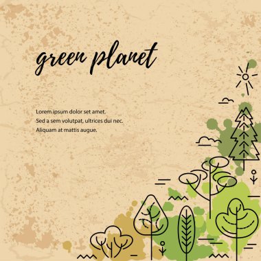 Ağaçlarla vektör illüstrasyon. Metin için yer. Ekolojik kavram. El ilanı, poster, davetiye, web, duyuru için şablon. Düz, ince çizgi tarzı tasarım.