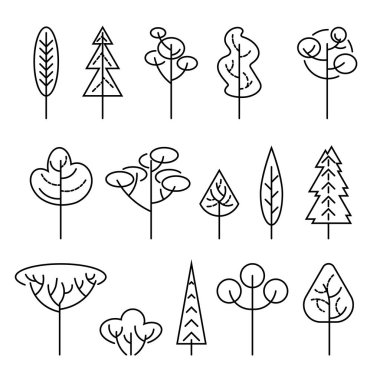 Ağaçlar vektör illüstrasyon seti. Beyaz arka planda yalıtılmış tasarım öğeleri. İnce çizgi stili.