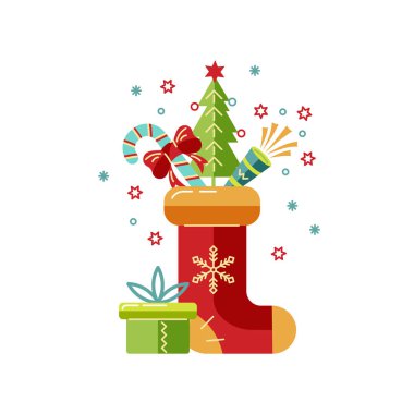 Mutlu Noeller ve yeni yıl kartı çiziminiz kutlu olsun. Tasarım ögesi beyaz arkaplanda izole edildi. Broşür, dekorasyon, kartpostal, afiş, poster için harika. Düz ve satır biçimi tasarımı.