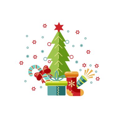 Mutlu Noeller ve yeni yıl kartı çiziminiz kutlu olsun. Tasarım ögesi beyaz arkaplanda izole edildi. Broşür, dekorasyon, kartpostal, afiş, poster için harika. Düz ve satır biçimi tasarımı.