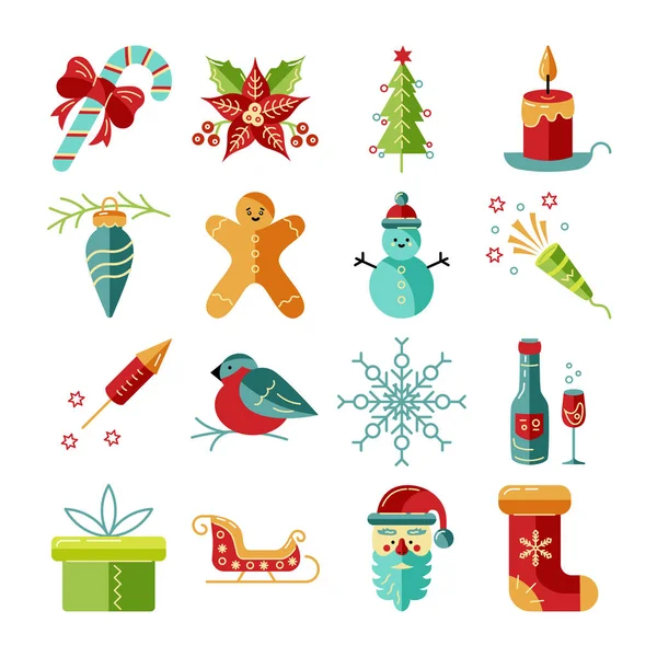 Feliz Navidad Feliz Año Nuevo Iconos Conjunto Santa Claus Muñeco — Vector de stock