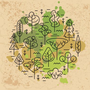 Beyaz arka plan üzerinde izole edilmiş ağaçlarla vektör çizimi. Ekolojik kavram. El ilanı, poster, davetiye, Dünya günü için tasarım öğesi. Düz, çizgi tarzı tasarım. Daire kavramı.