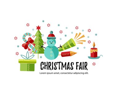 Mutlu Noeller ve Happy New Year kart vektör illüstrasyon. Metin için yer. Yeni yıl parti davetiyesi, noel fuarı, el ilanı, afiş, afiş, manşet, web için harika. Düz ve çizgi tarzı tasarım.