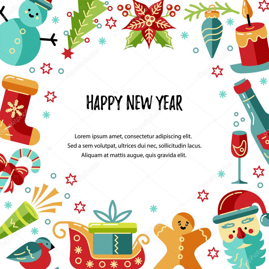 Merry Christmas and Happy New Year card vector illustration. Place for text. Great for New Year party invitation, christmas fair, flyer, banner, poster. Flat and line style design.