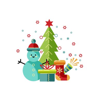 Mutlu Noeller ve yeni yıl kartı çiziminiz kutlu olsun. Tasarım ögesi beyaz arkaplanda izole edildi. Broşür, dekorasyon, kartpostal, afiş, poster için harika. Düz ve satır biçimi tasarımı.