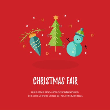 Mutlu Noeller ve Happy New Year kart vektör illüstrasyon. Metin için yer. Büyük Yeni Yıl parti davetiyesi, Noel Fuarı, el ilanı, afiş, afiş, web için. Düz stil tasarımı.