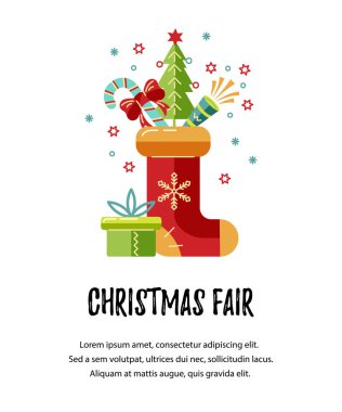 Mutlu Noeller ve Happy New Year kart vektör illüstrasyon. Metin için yer. Yeni yıl parti davetiyesi, noel fuarı, el ilanı, afiş, poster için harika. Düz ve çizgi tarzı tasarım.