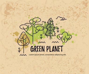 Ağaçlarla vektör illüstrasyon. Metin için yer. Ekolojik kavram. El ilanı, poster, davetiye, web, duyuru, başlık için şablon. Düz, ince çizgi tarzı tasarım.