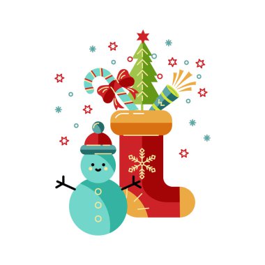 Mutlu Noeller ve yeni yıl kartı çiziminiz kutlu olsun. Tasarım ögesi beyaz arkaplanda izole edildi. Broşür, dekorasyon, kartpostal, afiş, poster için harika. Düz ve satır biçimi tasarımı.