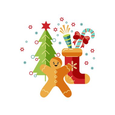 Mutlu Noeller ve yeni yıl kartı çiziminiz kutlu olsun. Tasarım ögesi beyaz arkaplanda izole edildi. Broşür, dekorasyon, kartpostal, afiş, poster için harika. Düz ve satır biçimi tasarımı.