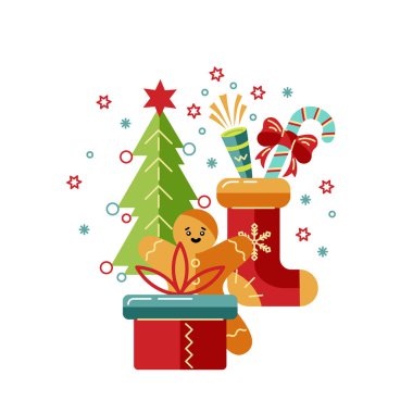 Mutlu Noeller ve yeni yıl kartı çiziminiz kutlu olsun. Tasarım ögesi beyaz arkaplanda izole edildi. Broşür, dekorasyon, kartpostal, afiş, poster için harika. Düz ve satır biçimi tasarımı.