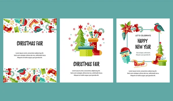 Merry Christmas ve mutlu yeni yıl kart vektör illüstrasyon seti. Metin için yerleştirin. Yeni yıl parti daveti, yılbaşı Fuarı, Flyer, afiş, poster için harika. Düz ve çizgi tarzı tasarım.