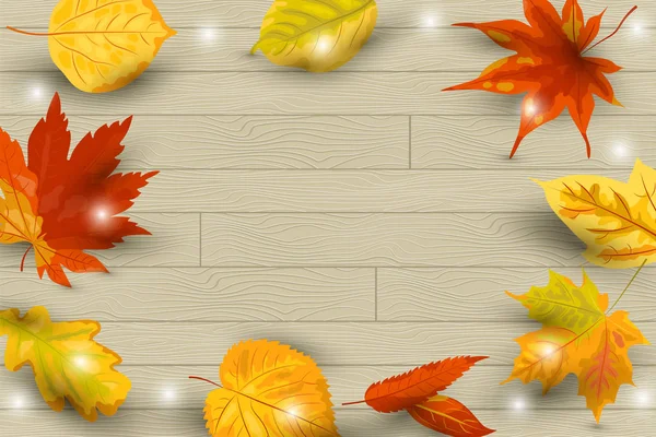 Herfst Achtergrond Met Vallende Bladeren Houten Achtergrond Plaats Voor Tekst — Stockvector