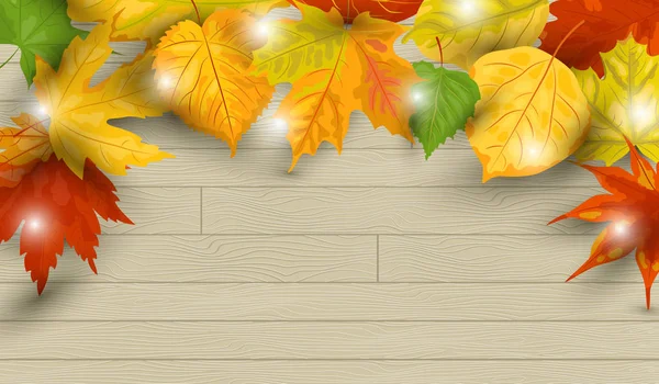 Herfst Achtergrond Met Vallende Bladeren Houten Achtergrond Plaats Voor Tekst — Stockvector