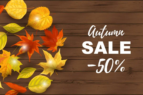 Autumn Sale Banner Falling Leaves Dark Wood Background Place Text — Stock Vector