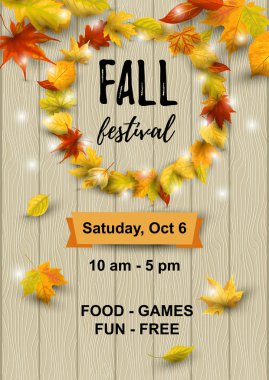 Ahşap arka planda düşen yaprakları ile sonbahar arka plan. Metin için yerleştirin. Parti daveti, mevsimlik satış, düğün, Web, Sonbahar Festivali, poster için harika. Vektör Illustration.