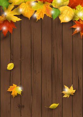 Koyu ahşap arka planda düşen yaprakları ile sonbahar arka plan. Metin için yerleştirin. Parti daveti, mevsimlik satış, düğün, Web, Sonbahar Festivali, poster için harika. Vektör Illustration.