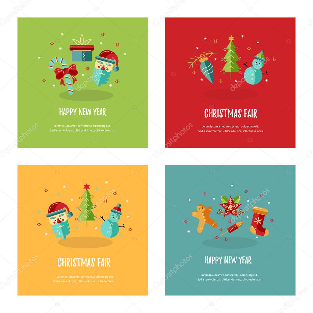 Merry Christmas and Happy New Year card vector illustration set. Place for text. Great for New Year party invitation, christmas fair, flyer, banner, poster. Flat and line style design.