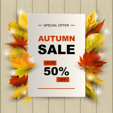 Kağıt levha ile ahşap arka plan üzerinde düşen yaprakları ile Sonbahar satış afiş. Metin için yer. Sonbahar festivali, poster, web, davetiye, el ilanı, şükran için şablon. Vektör çizimi.