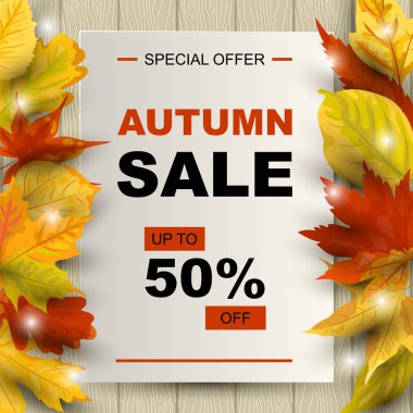 Kağıt levha ile ahşap arka plan üzerinde düşen yaprakları ile Sonbahar satış afiş. Metin için yer. Sonbahar festivali, poster, web, davetiye, el ilanı, şükran için şablon. Vektör çizimi.