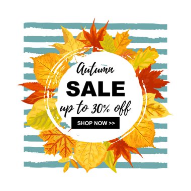 Düşen yaprakları ile Sonbahar satış afiş. Metin için yer. Sonbahar festivali, poster, web, davetiye, el ilanı, şükran için şablon. Vektör illüstrasyon. Düz stil tasarımı.