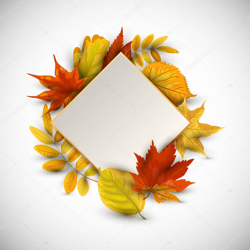 Autumn background with  falling leaves and paper sheet with golden frame. Place for text. Vector illustration for flyer, party invitation, seasonal sale, wedding, web, fall festival, bridal shower.