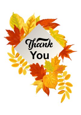 Teşekkür ederiz. Düşen yaprakları ile Sonbahar vektör illüstrasyon. El yazısı yazı teşekkür. Metin için yer. El ilanı, parti davetiyesi, satış, düğün, web, sonbahar festivali için harika. Düz stil tasarımı.