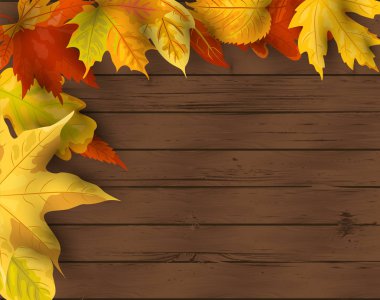 Sonbahar arka planı. Koyu ahşap arka plan üzerinde düşen yapraklar. Metin için yer. Büyük parti davetiyesi için, mevsimlik satış, web, sonbahar festivali, afiş, Happy Thanksgiving gün. Vektör çizimi.