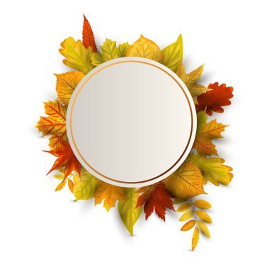 Düşen yaprakları ile çelenk. Metin için yer. El ilanı, parti davetiyesi, mevsimlik satış, düğün, web, sonbahar festivali için Vektör illüstrasyon. Beyaz arka planda yalıtılmış tasarım öğesi. Daire kavramı.