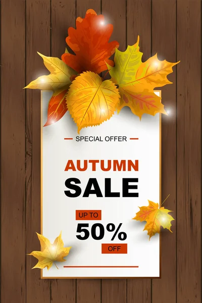 Kağıt levha ile ahşap arka plan üzerinde düşen yaprakları ile Sonbahar satış afiş. Metin için yer. Sonbahar festivali, poster, web, davetiye, el ilanı, Mutlu Şükran günü için Şablon. Vektör çizimi.