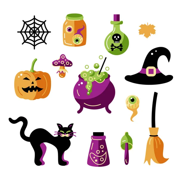 Halloween Bruja Temas Celebración Con Sombrero Caldrón Poción Bottels Setas — Archivo Imágenes Vectoriales