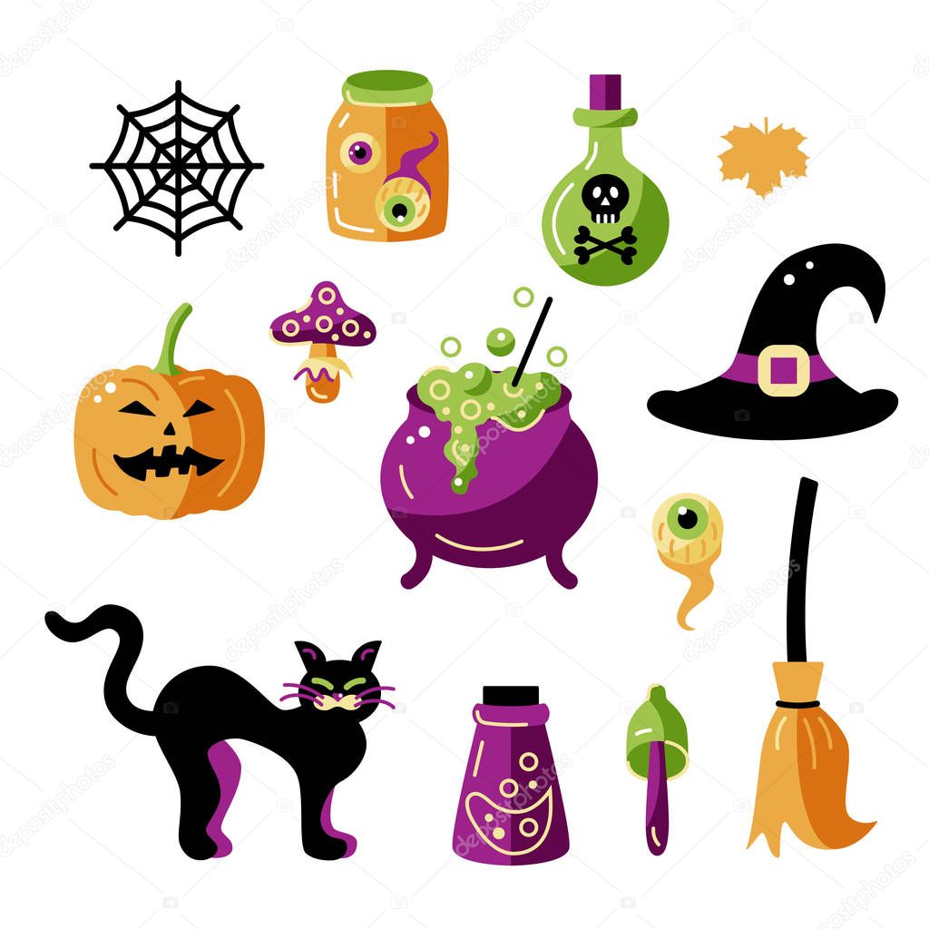 Halloween witch celebratory subjects with hat, caldron, potion bottels, poisonous mushrooms. Flat style vector illustration set. Great for Witch and Halloween party props, greeting card, logo, sticker