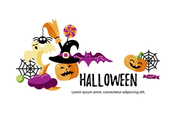 Tarjeta Halloween Con Temas Celebración Lugar Para Texto Ilustración Vector — Archivo Imágenes Vectoriales