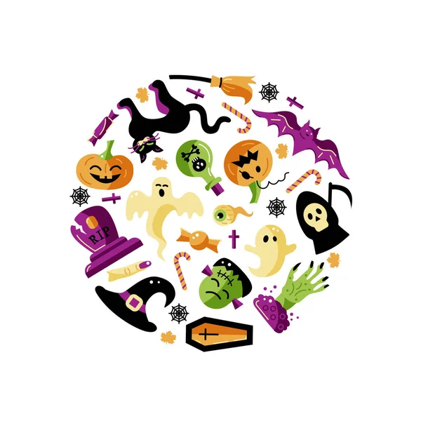 Tarjeta Halloween Con Temas Celebración Ilustración Vector Estilo Plano Elemento — Archivo Imágenes Vectoriales