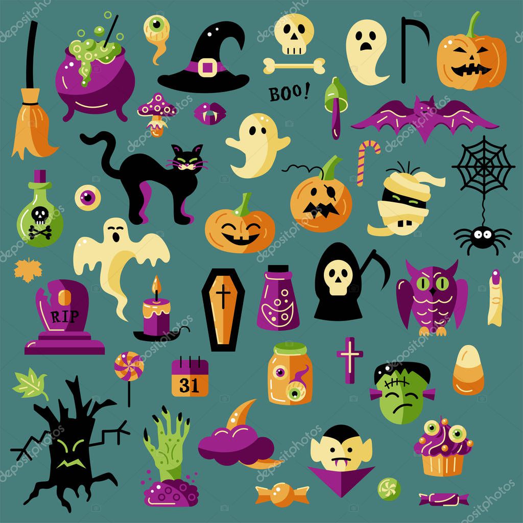 Halloween celebratory subjects isolated on background. Flat style vector illustration set. Great for Halloween party props, greeting card, logo, stickers.