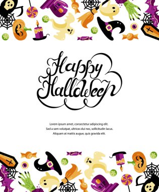 Kutlama konuları ile Cadılar Bayramı kartı. El çizilmiş harfler Merhaba Cadılar Bayramı. Metin için yer. Düz stil vektör çizimi. Parti davetiyesi, el ilanı, tebrik kartı için harika.