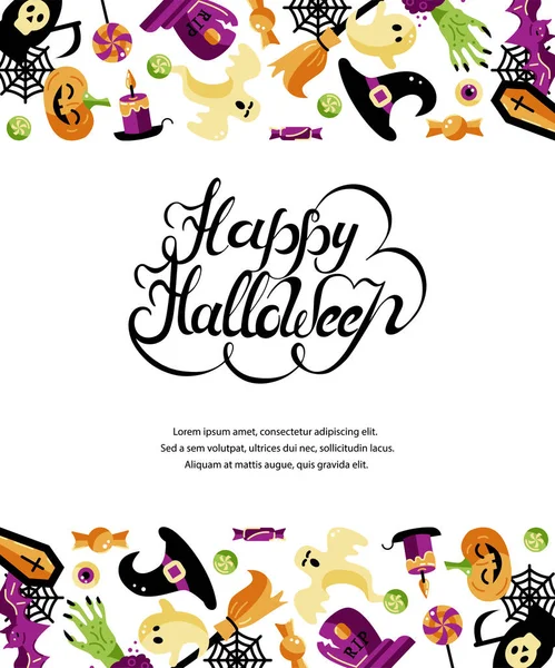 Kutlama konuları ile Cadılar Bayramı kartı. El çizilmiş harfler Merhaba Cadılar Bayramı. Metin için yer. Düz stil vektör çizimi. Parti davetiyesi, el ilanı, tebrik kartı için harika.