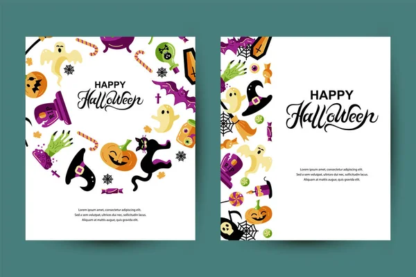 Conjunto Tarjetas Halloween Con Temas Celebración Escritura Mano Halloween Lugar — Archivo Imágenes Vectoriales
