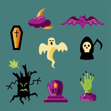 Vektör illüstrasyon Halloween kutlama konuları ile ayarlayın. Düz stil vektörü. Büyük Halloween parti sahne, tebrik kartı, logo, etiket için.