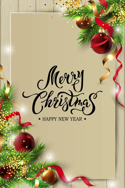 Mutlu Noeller, köknar ağacı dalı, kırmızı ve altın topları ile Happy New year kartı. Elle çizilmiş bir mektup Merry Christmas. Metin için yer. Vektör illüstrasyon. Büyük satılık, tebrik, el ilanları, poster.