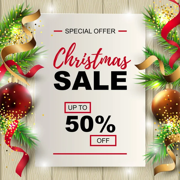 Kağıt levha ile ahşap arka plan üzerinde köknar ağacı, kırmızı ve altın topları ile Noel satış afiş. Metin için yer. Noel fuarı, poster, davetiye, el ilanı, tebrik kartı için harika. Vektör çizimi.
