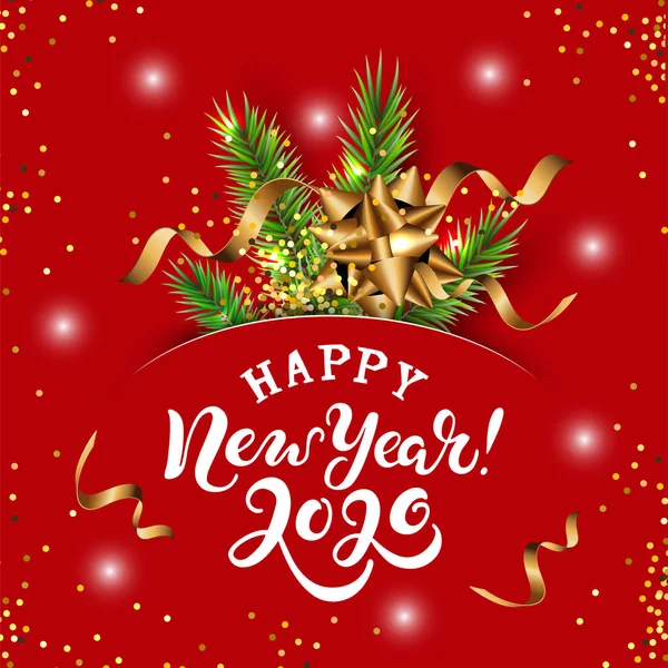 Feliz Año Nuevo 2020 Tarjeta Con Rama Árbol Navidad Letras — Vector de stock