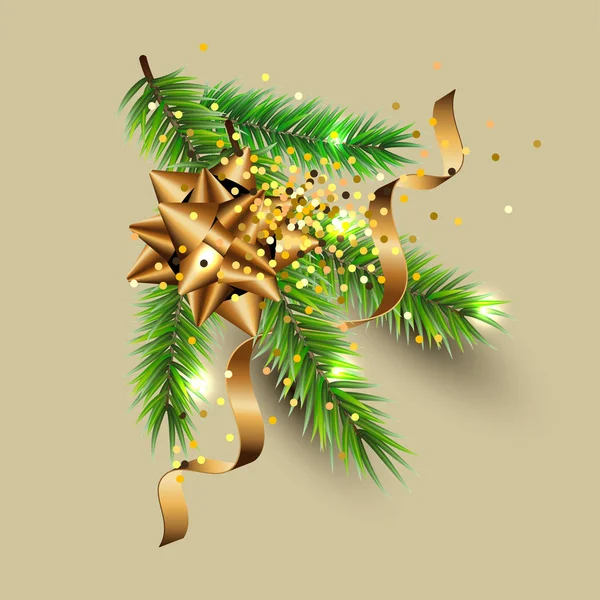 Weihnachtsbaumzweig Mit Goldenem Konfetti Und Luftschlange Hintergrund Design Element Für — Stockvektor